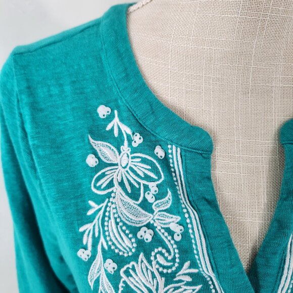 Chicos Top Womens 2 Blue Soft Linen Embroidered Boho Festival Side Slits - Picture 3 of 12